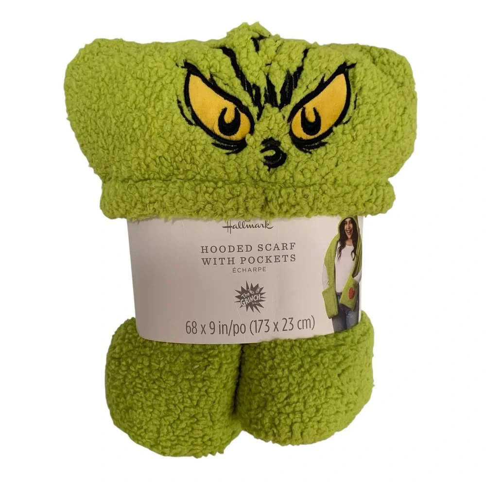 Grinch Hooded Scarf w Pockets Hallmark Dr Seuss Green Sherpa Plush New NWT